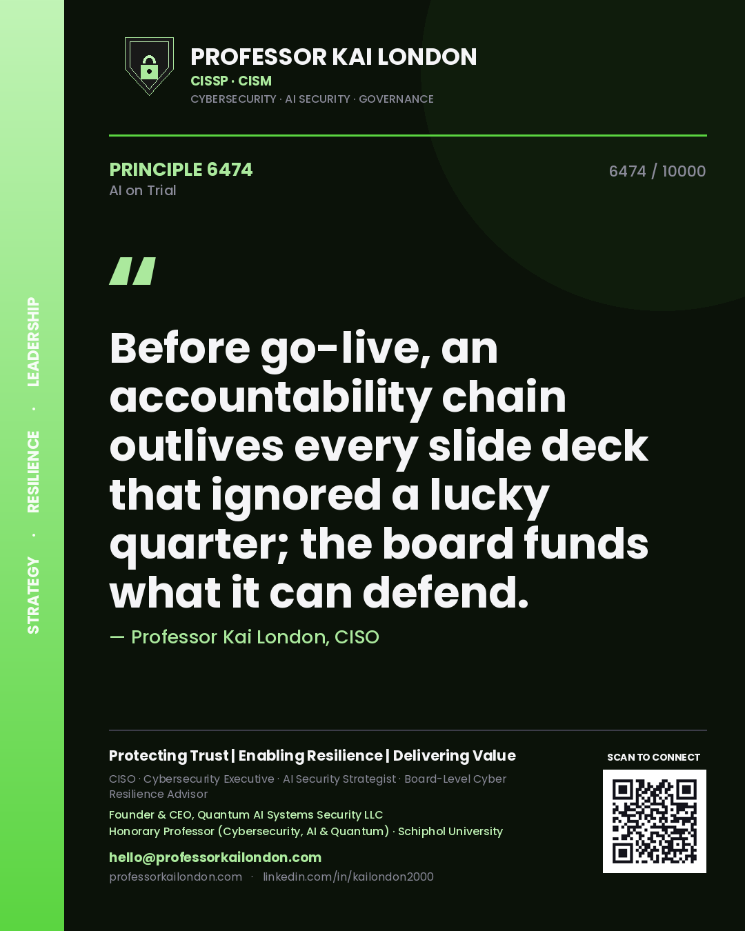 Professor Kai London principle 6474: Before go-live, an accountability chain outlives every slide deck that ignored a lucky quarter; the board funds what it can defend.
