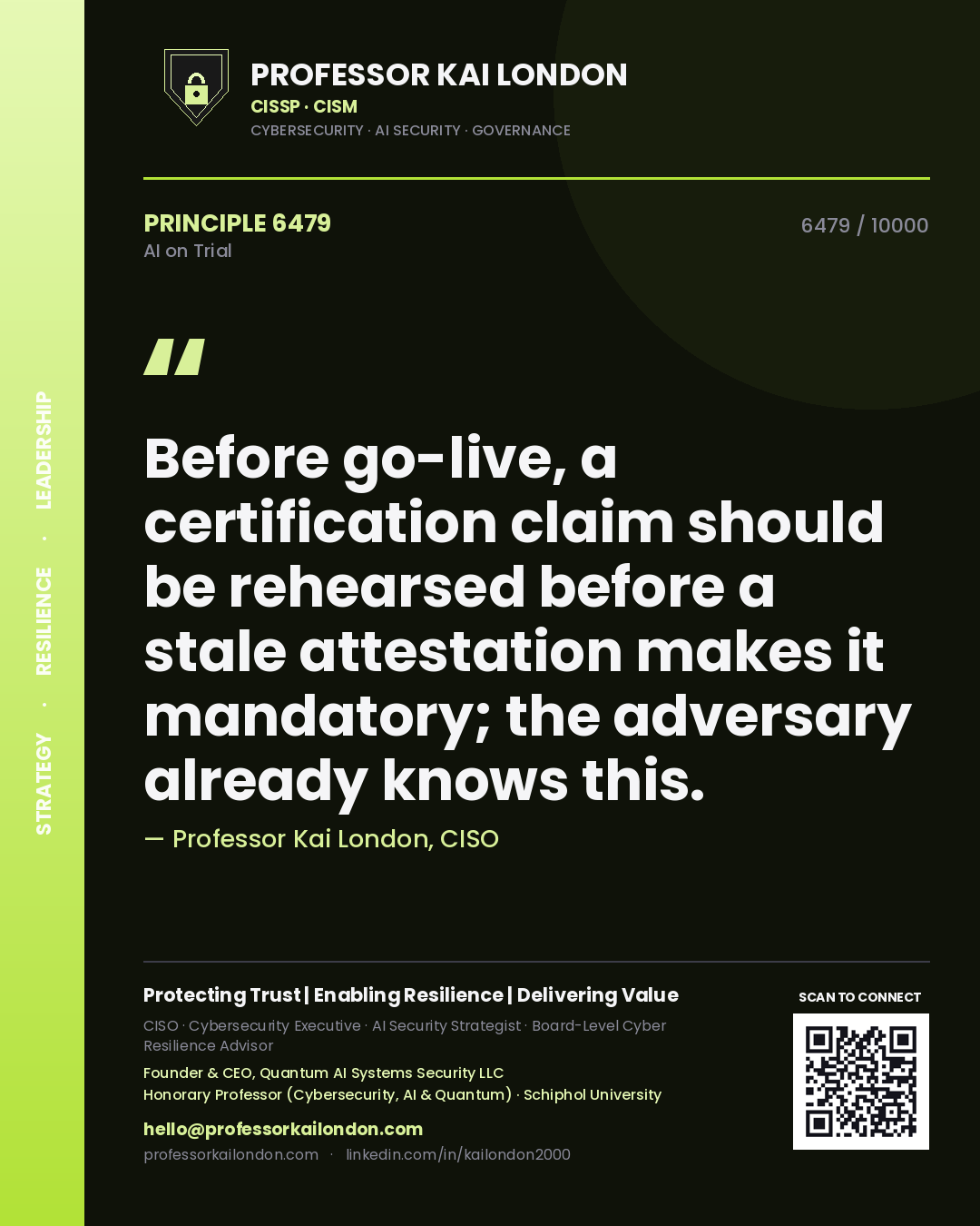 Professor Kai London principle 6479: Before go-live, a certification claim should be rehearsed before a stale attestation makes it mandatory; the adversary already knows this.