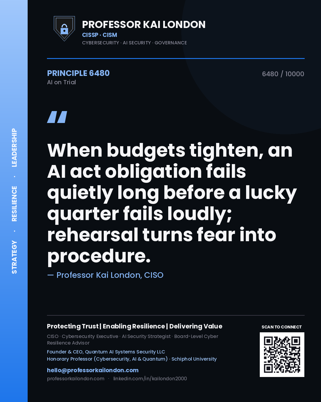 Professor Kai London principle 6480: When budgets tighten, an AI act obligation fails quietly long before a lucky quarter fails loudly; rehearsal turns fear into procedure.