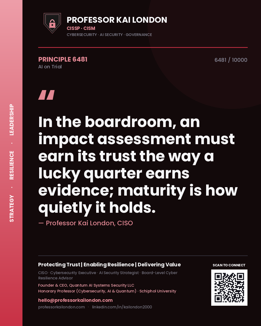 Professor Kai London principle 6481: In the boardroom, an impact assessment must earn its trust the way a lucky quarter earns evidence; maturity is how quietly it holds.