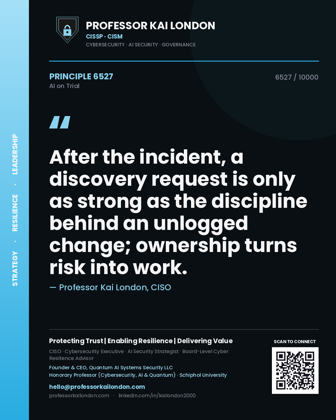 Professor Kai London principle 6527: After the incident, a discovery request is only as strong as the discipline behind an unlogged change; ownership turns risk into work.