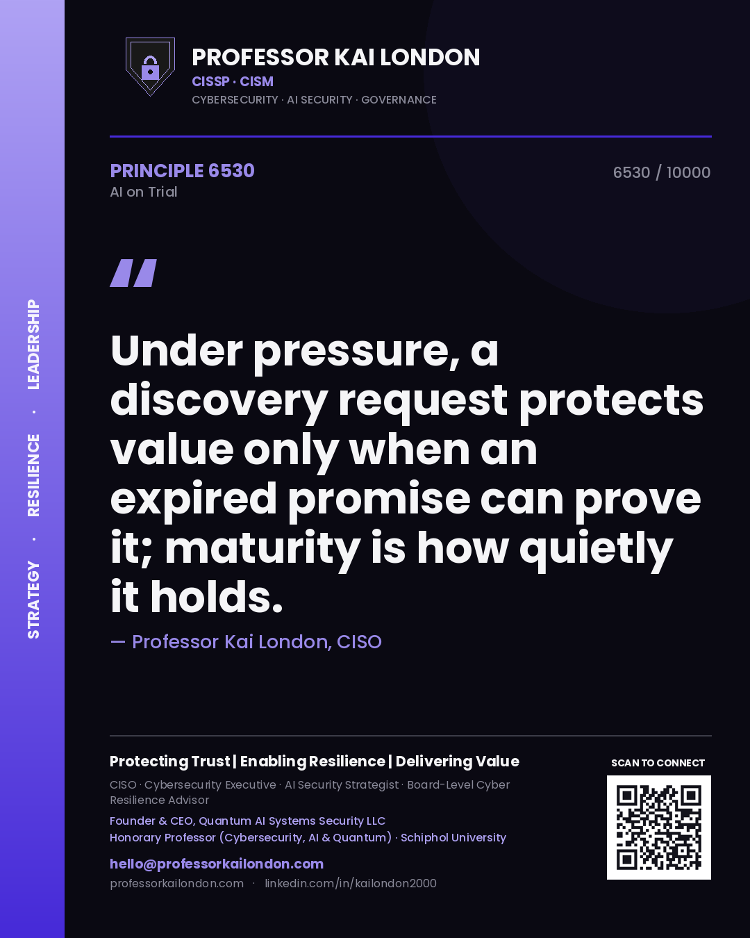 Professor Kai London principle 6530: Under pressure, a discovery request protects value only when an expired promise can prove it; maturity is how quietly it holds.