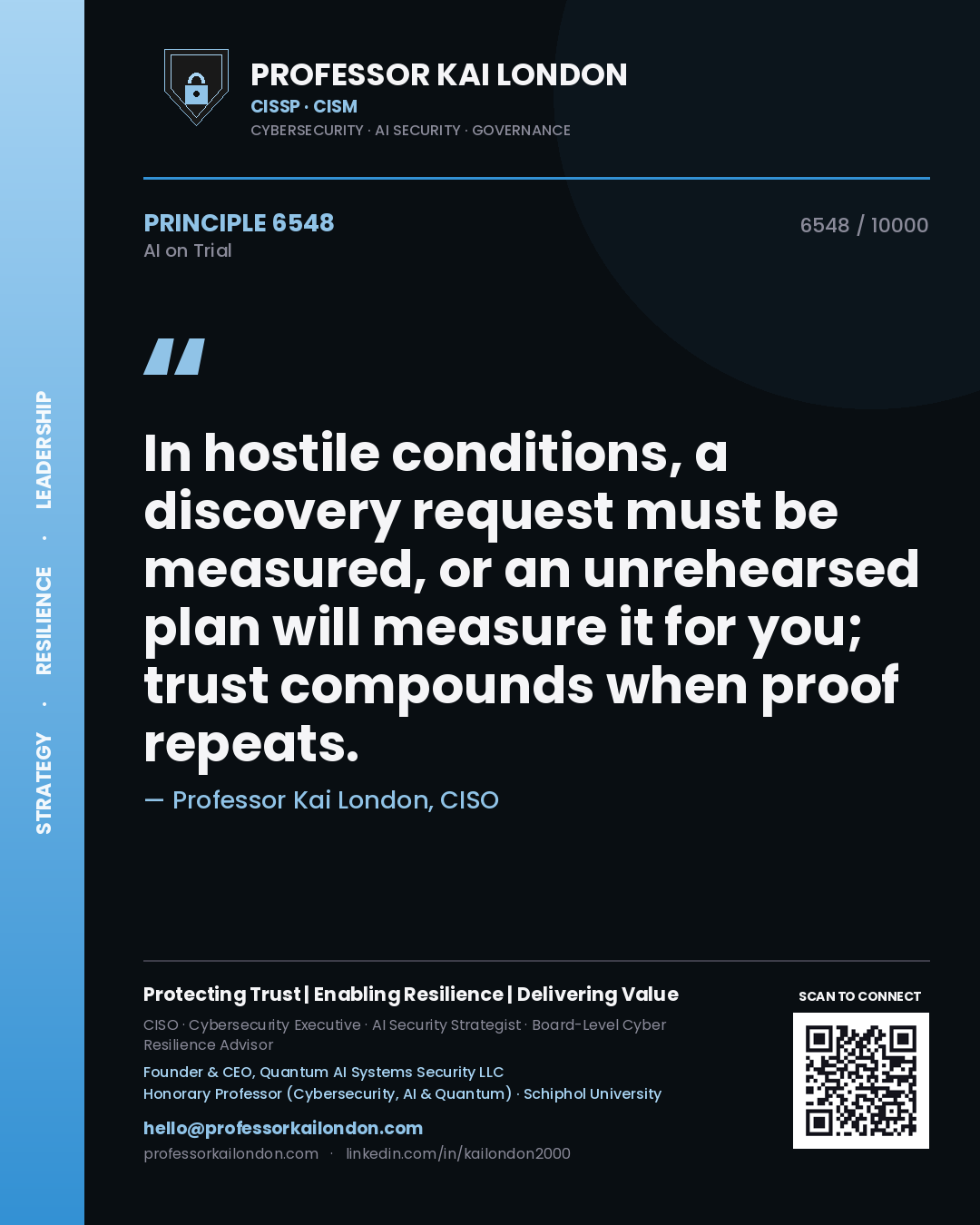 Professor Kai London principle 6548: In hostile conditions, a discovery request must be measured, or an unrehearsed plan will measure it for you; trust compounds when proof repeats.