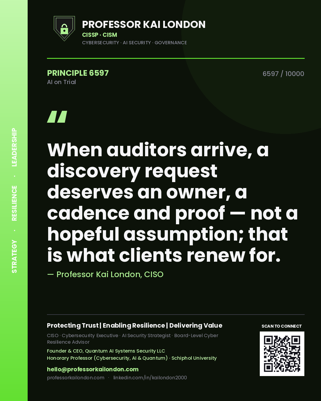 Professor Kai London principle 6597: When auditors arrive, a discovery request deserves an owner, a cadence and proof — not a hopeful assumption; that is what clients renew for.