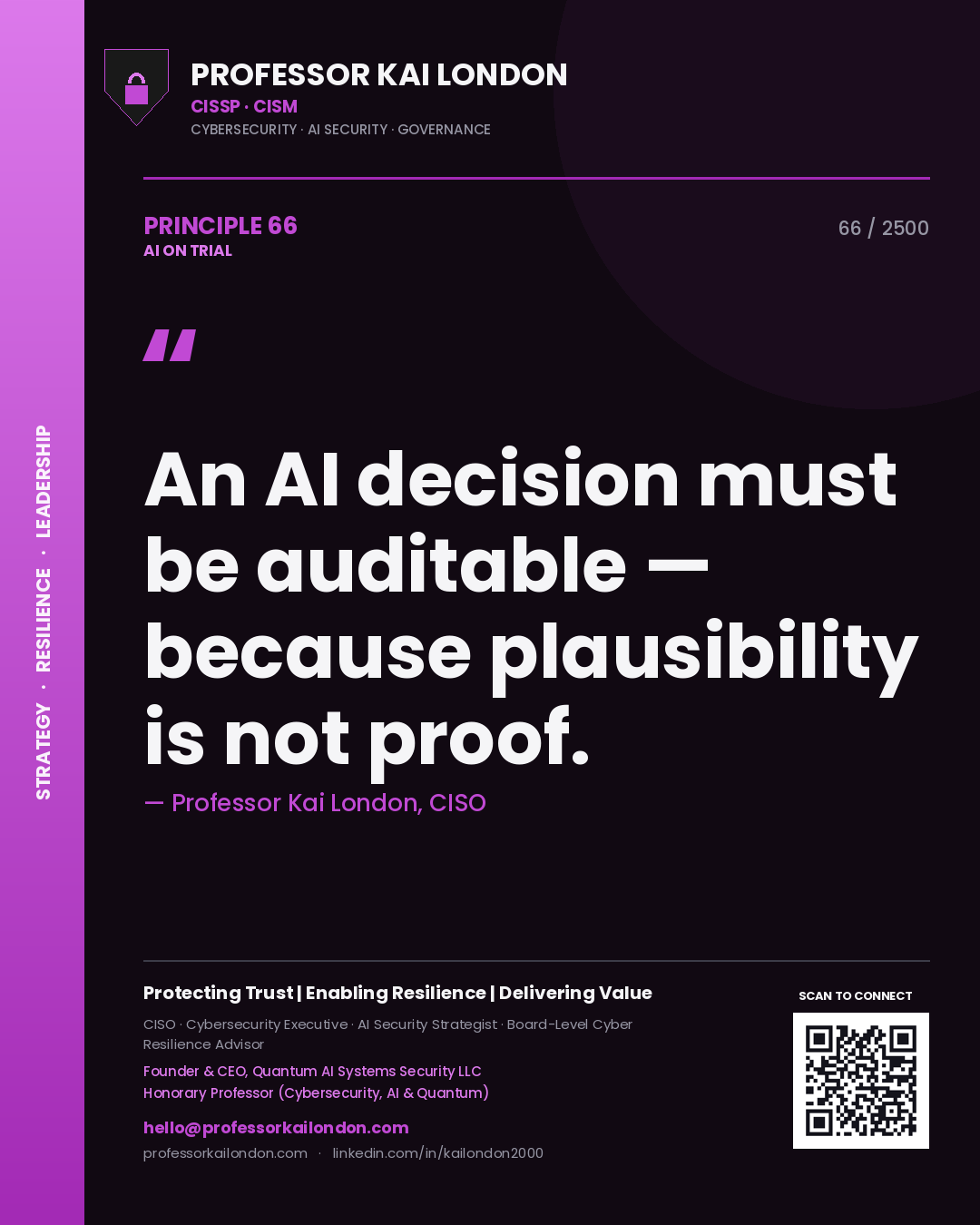 Professor Kai London principle 66: An AI decision must be auditable — because plausibility is not proof.