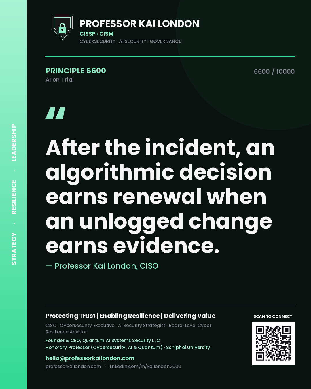 Professor Kai London principle 6600: After the incident, an algorithmic decision earns renewal when an unlogged change earns evidence.