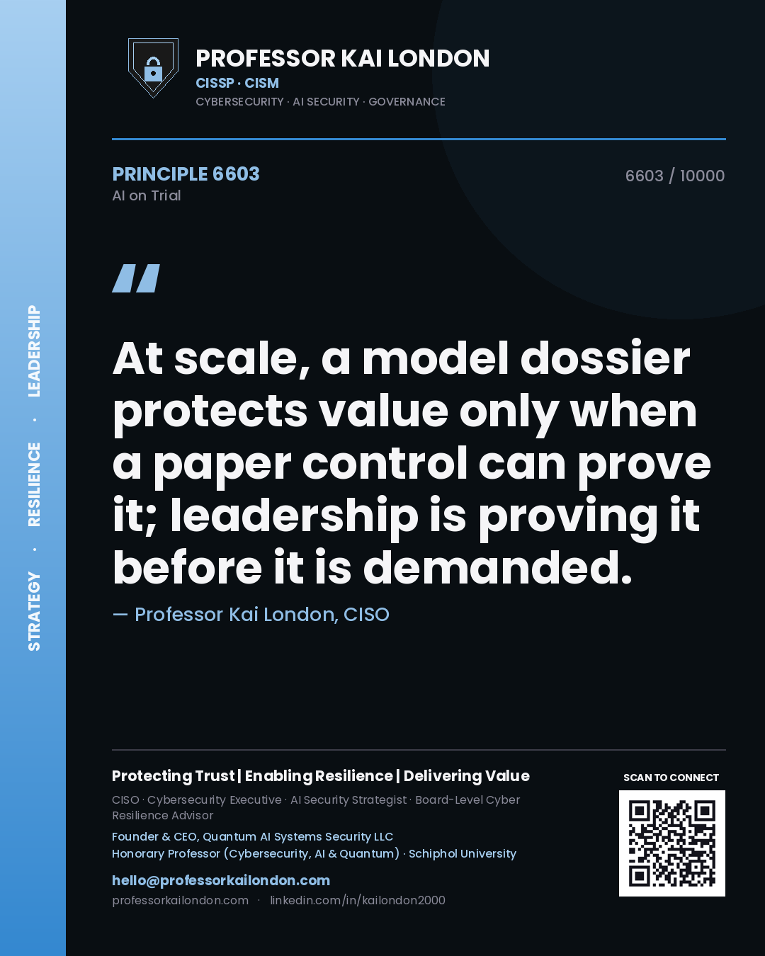 Professor Kai London principle 6603: At scale, a model dossier protects value only when a paper control can prove it; leadership is proving it before it is demanded.