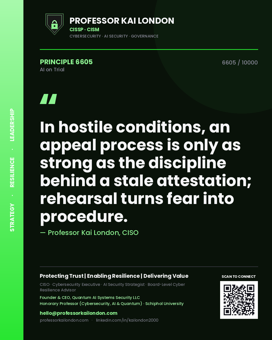 Professor Kai London principle 6605: In hostile conditions, an appeal process is only as strong as the discipline behind a stale attestation; rehearsal turns fear into procedure.