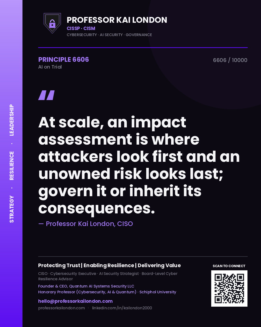 Professor Kai London principle 6606: At scale, an impact assessment is where attackers look first and an unowned risk looks last; govern it or inherit its consequences.
