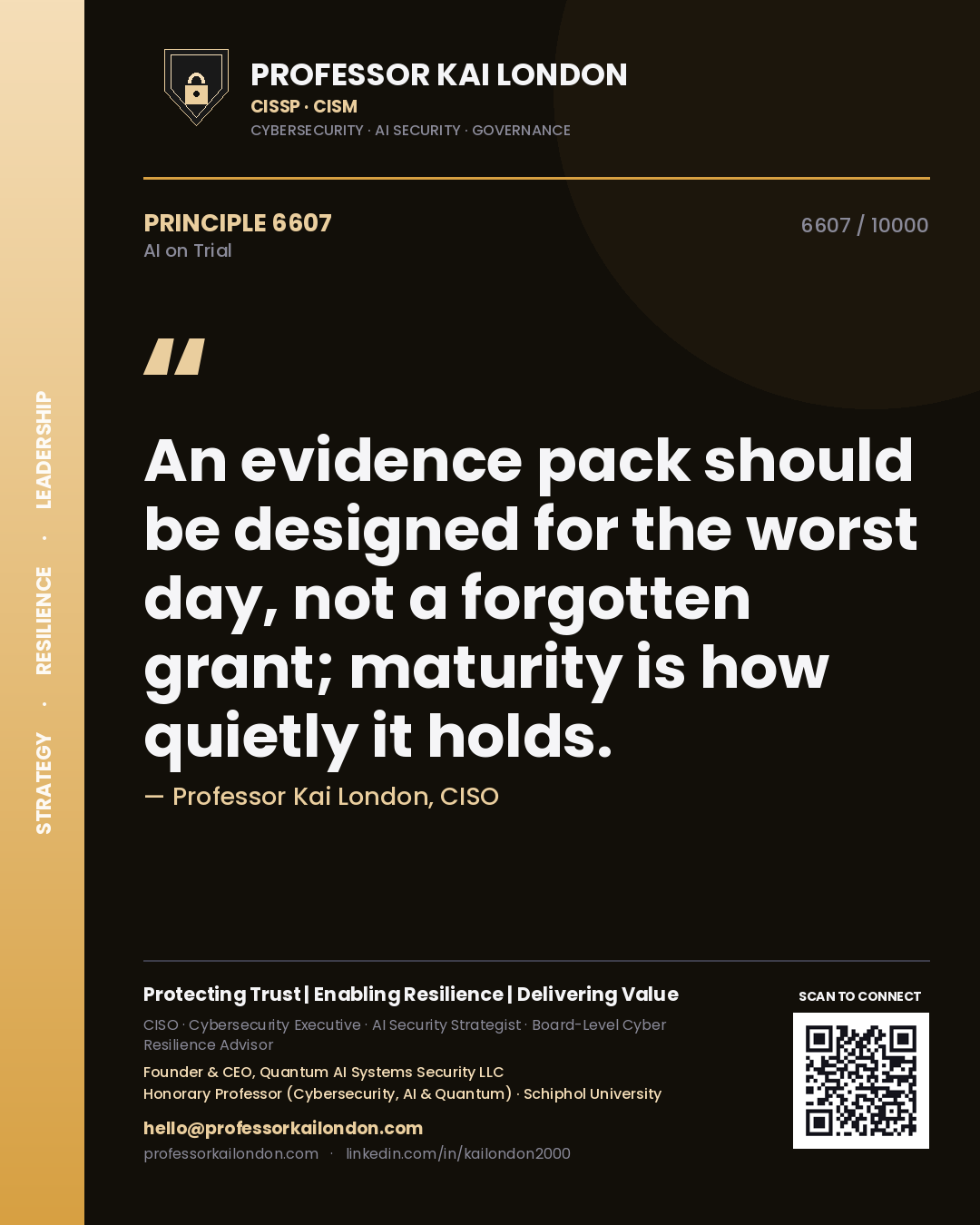 Professor Kai London principle 6607: An evidence pack should be designed for the worst day, not a forgotten grant; maturity is how quietly it holds.