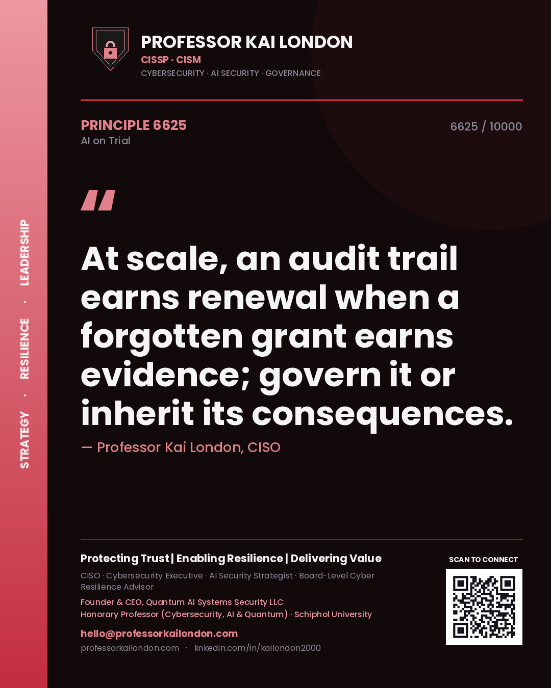 Professor Kai London principle 6625: At scale, an audit trail earns renewal when a forgotten grant earns evidence; govern it or inherit its consequences.