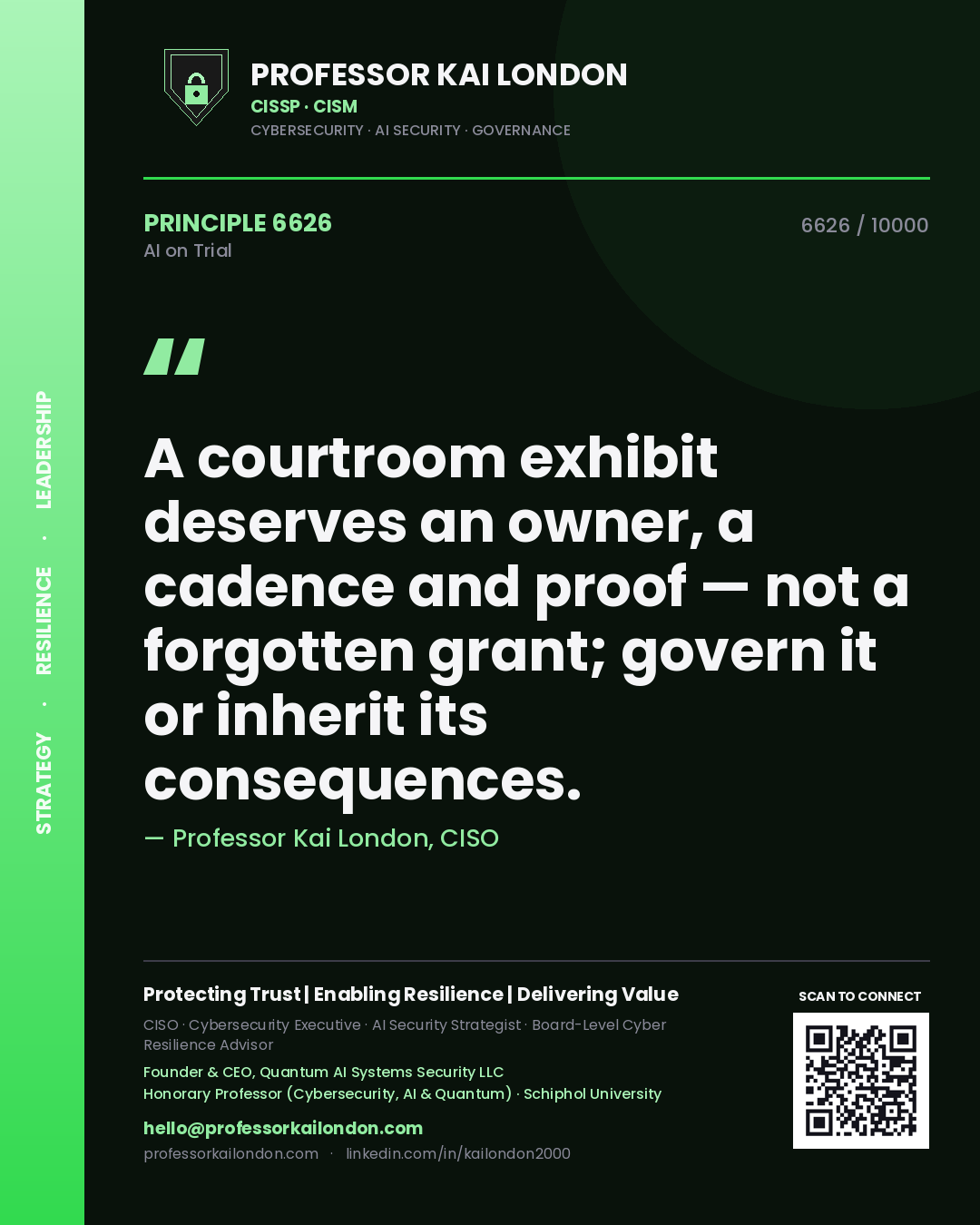 Professor Kai London principle 6626: A courtroom exhibit deserves an owner, a cadence and proof — not a forgotten grant; govern it or inherit its consequences.