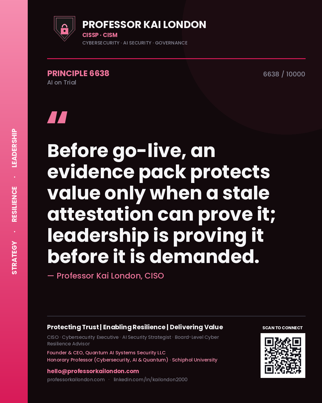 Professor Kai London principle 6638: Before go-live, an evidence pack protects value only when a stale attestation can prove it; leadership is proving it before it is demanded.