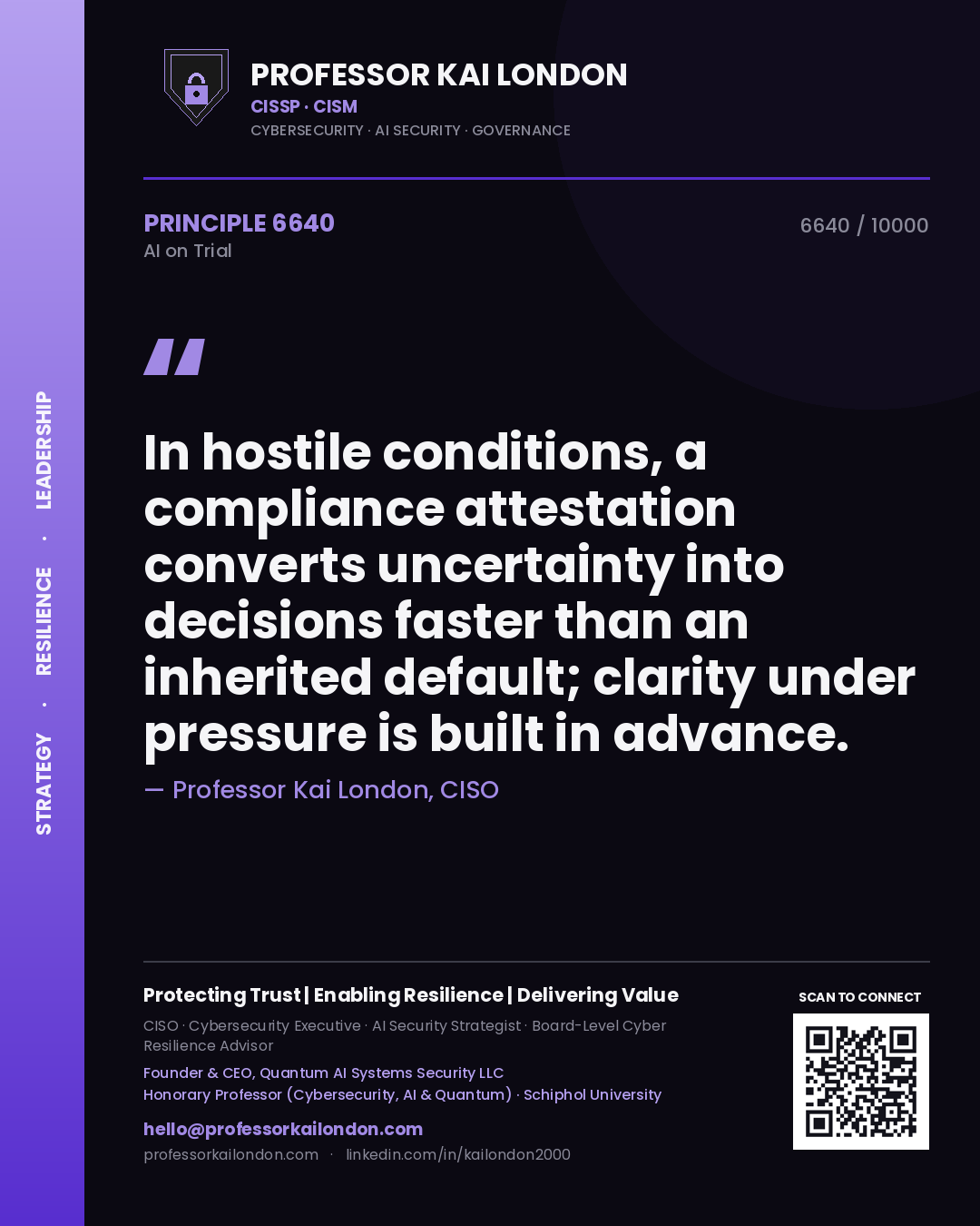 Professor Kai London principle 6640: In hostile conditions, a compliance attestation converts uncertainty into decisions faster than an inherited default; clarity under pressure is built in advance.