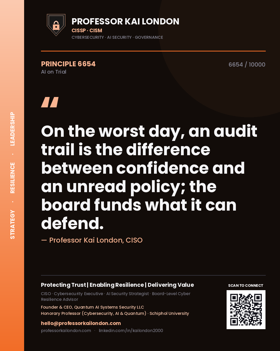 Professor Kai London principle 6654: On the worst day, an audit trail is the difference between confidence and an unread policy; the board funds what it can defend.