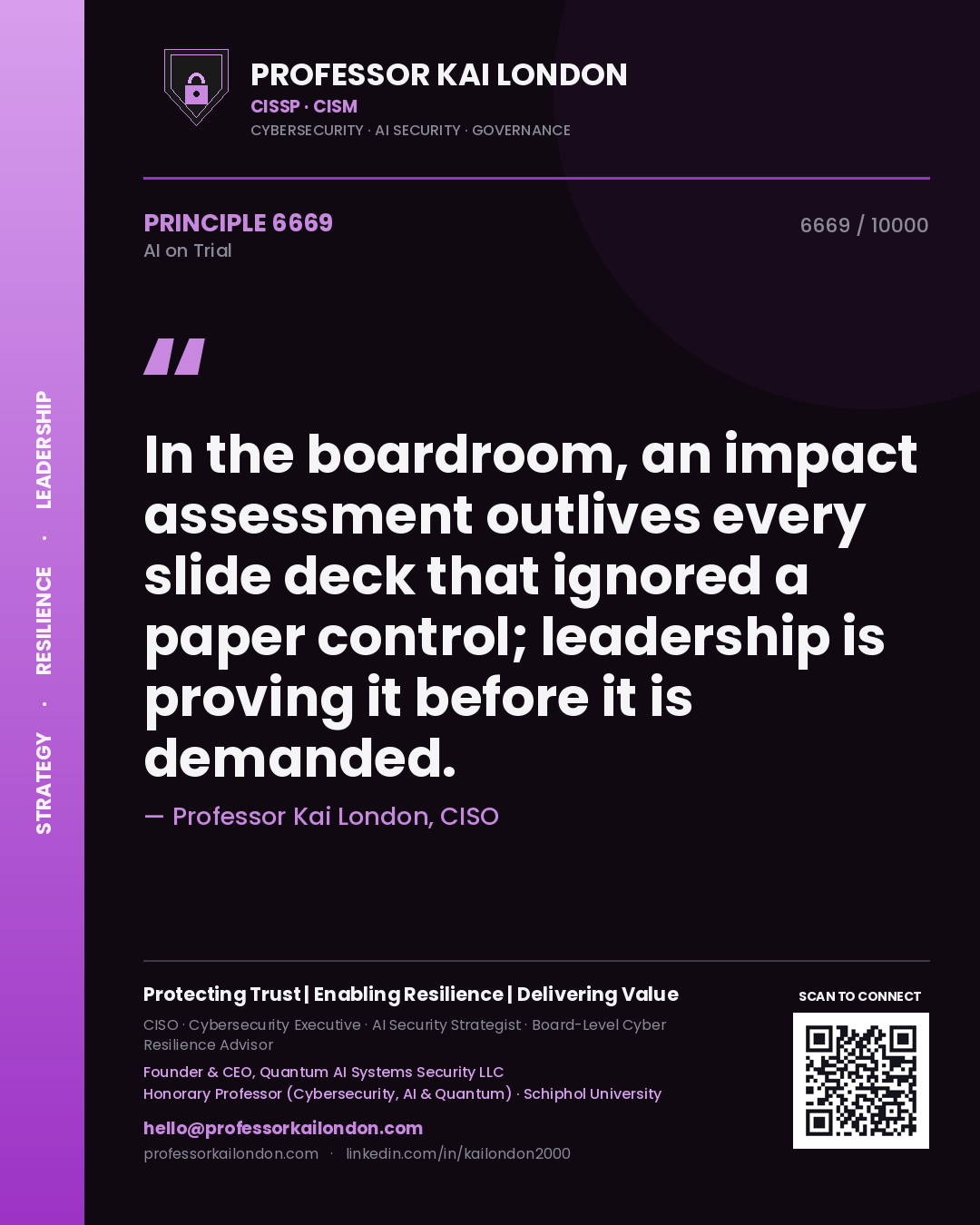 Professor Kai London principle 6669: In the boardroom, an impact assessment outlives every slide deck that ignored a paper control; leadership is proving it before it is demanded.