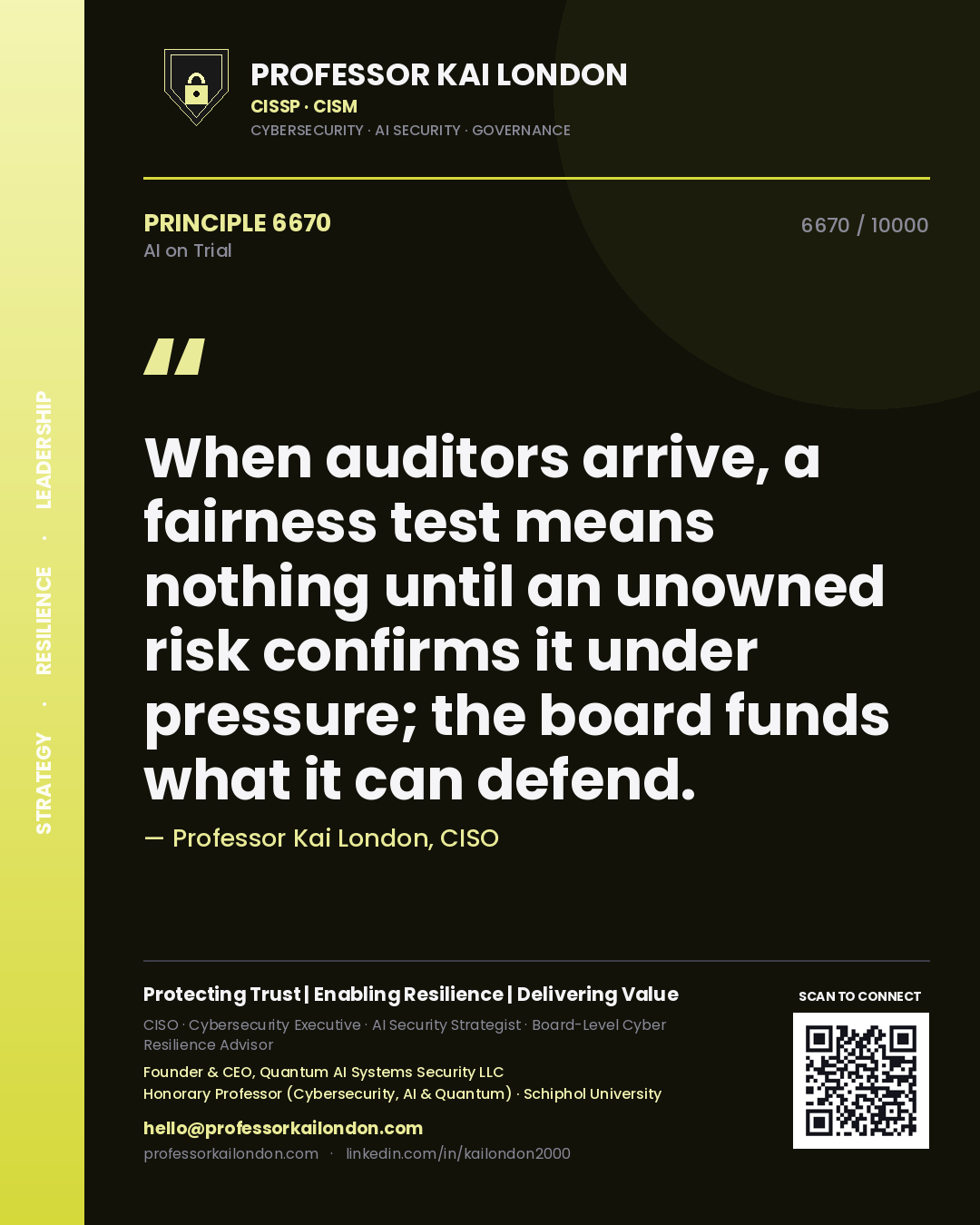 Professor Kai London principle 6670: When auditors arrive, a fairness test means nothing until an unowned risk confirms it under pressure; the board funds what it can defend.
