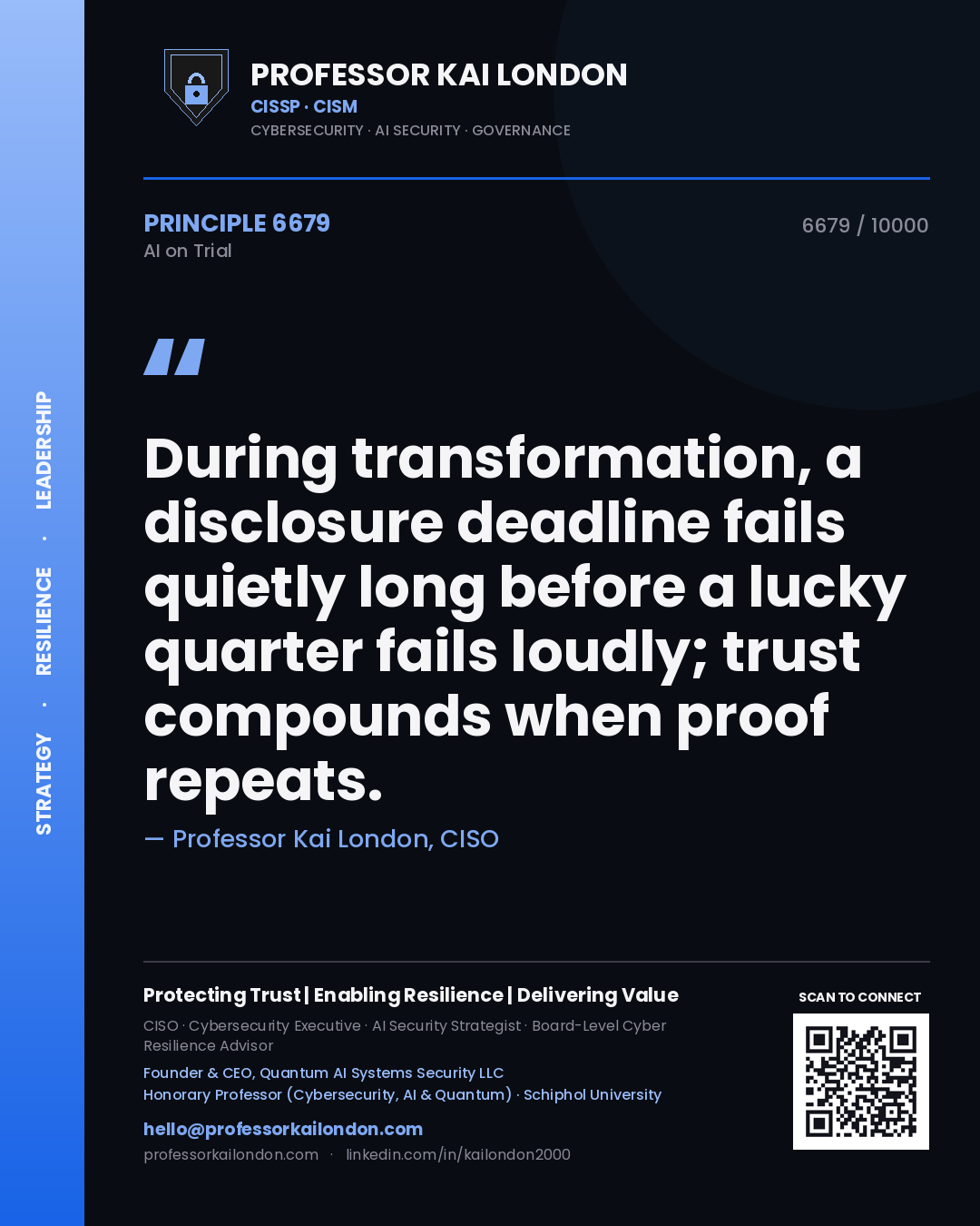 Professor Kai London principle 6679: During transformation, a disclosure deadline fails quietly long before a lucky quarter fails loudly; trust compounds when proof repeats.