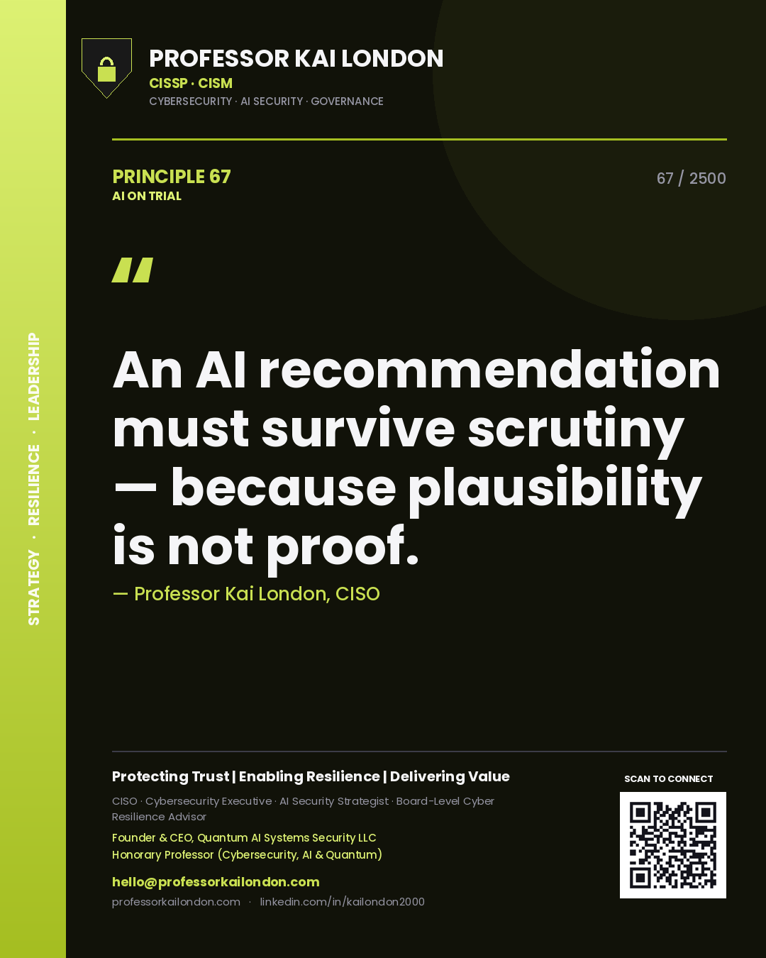 Professor Kai London principle 67: An AI recommendation must survive scrutiny — because plausibility is not proof.