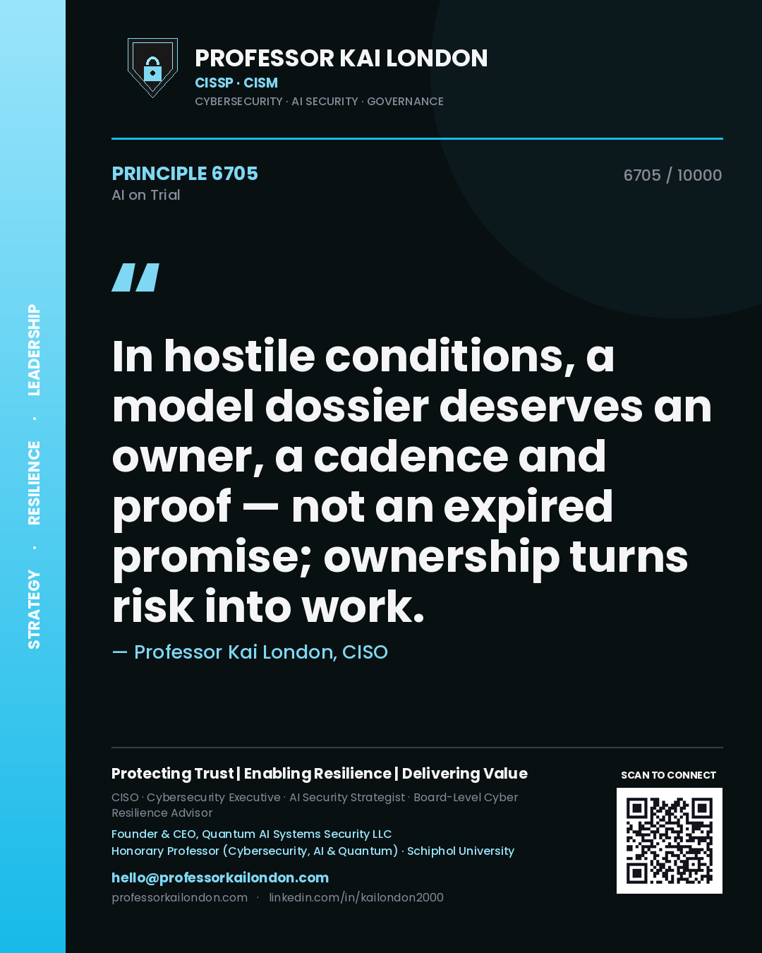 Professor Kai London principle 6705: In hostile conditions, a model dossier deserves an owner, a cadence and proof — not an expired promise; ownership turns risk into work.
