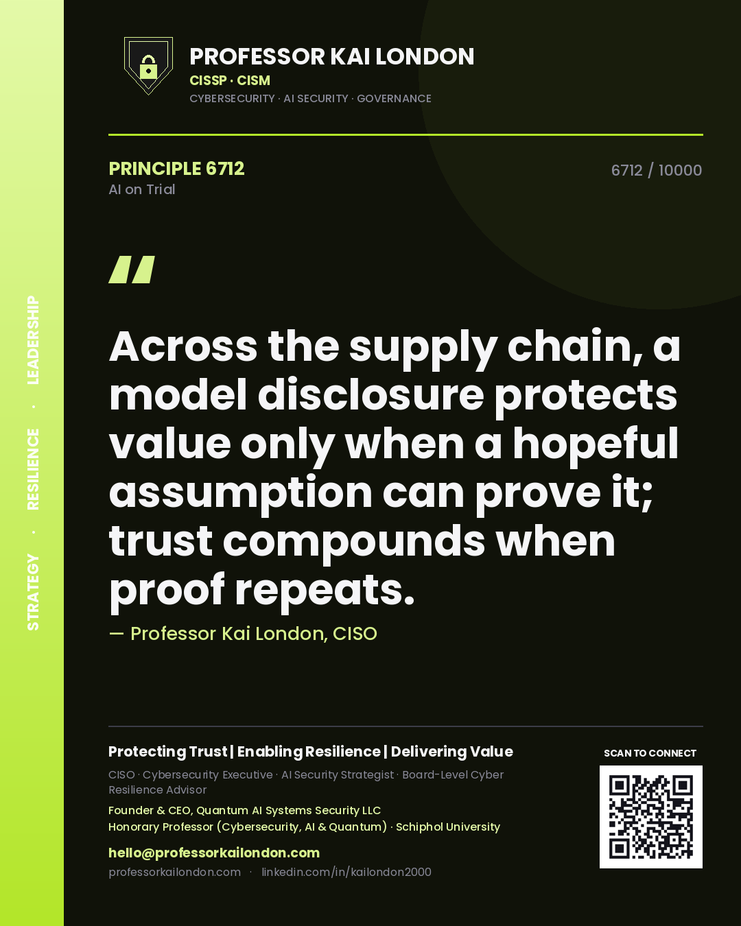 Professor Kai London principle 6712: Across the supply chain, a model disclosure protects value only when a hopeful assumption can prove it; trust compounds when proof repeats.