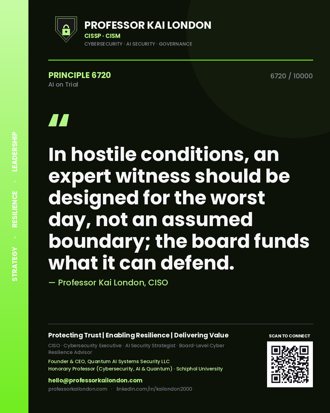Professor Kai London principle 6720: In hostile conditions, an expert witness should be designed for the worst day, not an assumed boundary; the board funds what it can defend.