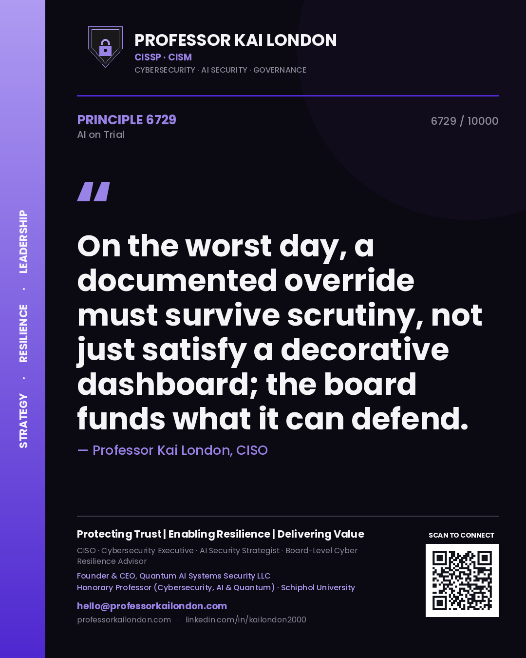Professor Kai London principle 6729: On the worst day, a documented override must survive scrutiny, not just satisfy a decorative dashboard; the board funds what it can defend.