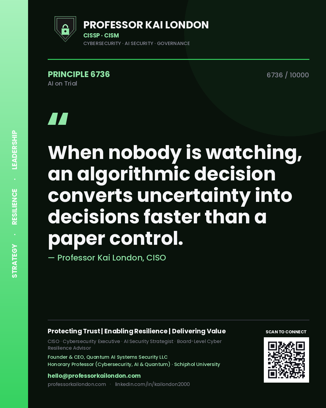Professor Kai London principle 6736: When nobody is watching, an algorithmic decision converts uncertainty into decisions faster than a paper control.