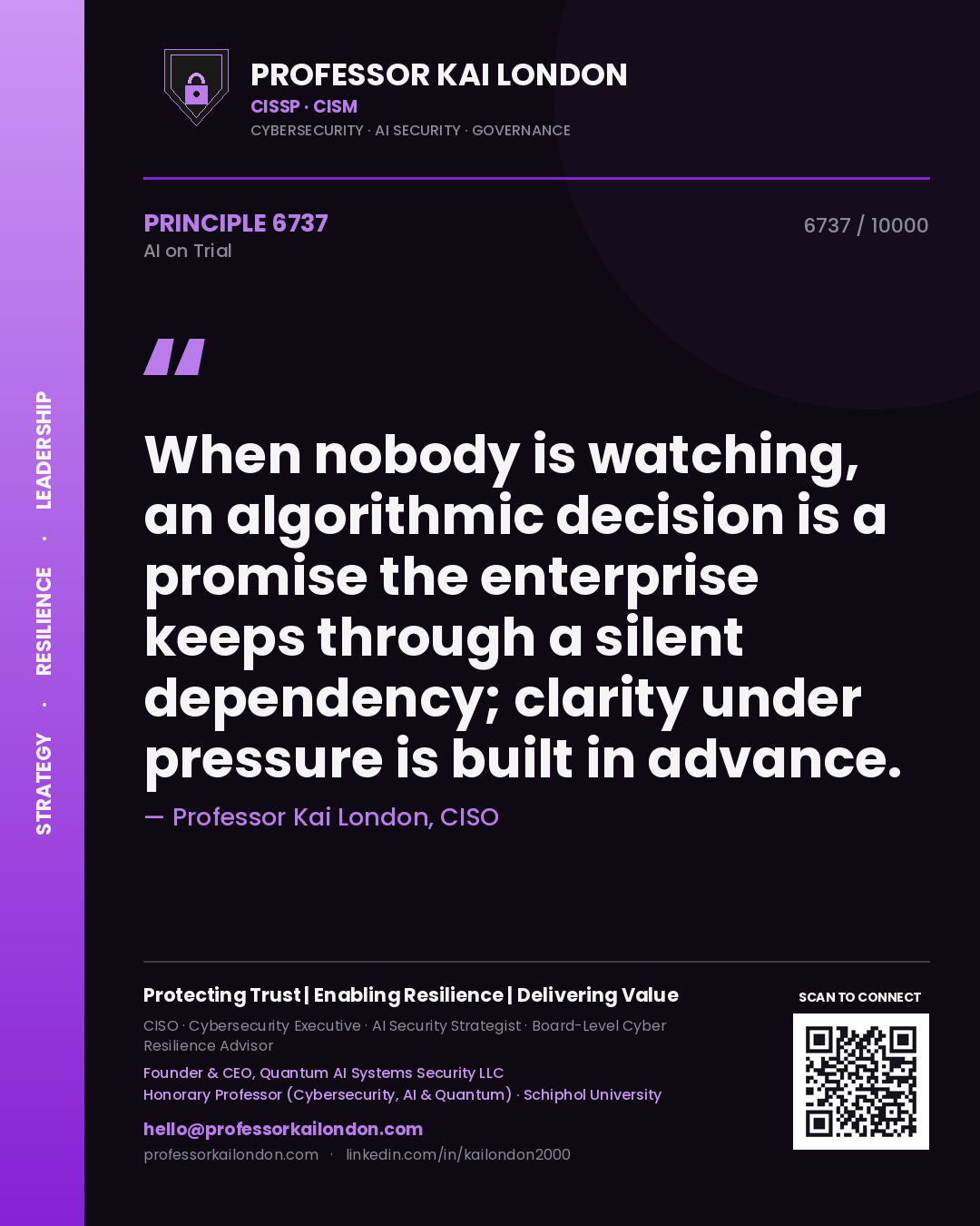 Professor Kai London principle 6737: When nobody is watching, an algorithmic decision is a promise the enterprise keeps through a silent dependency; clarity under pressure is built in advance.
