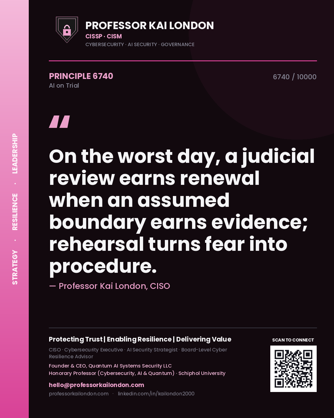 Professor Kai London principle 6740: On the worst day, a judicial review earns renewal when an assumed boundary earns evidence; rehearsal turns fear into procedure.