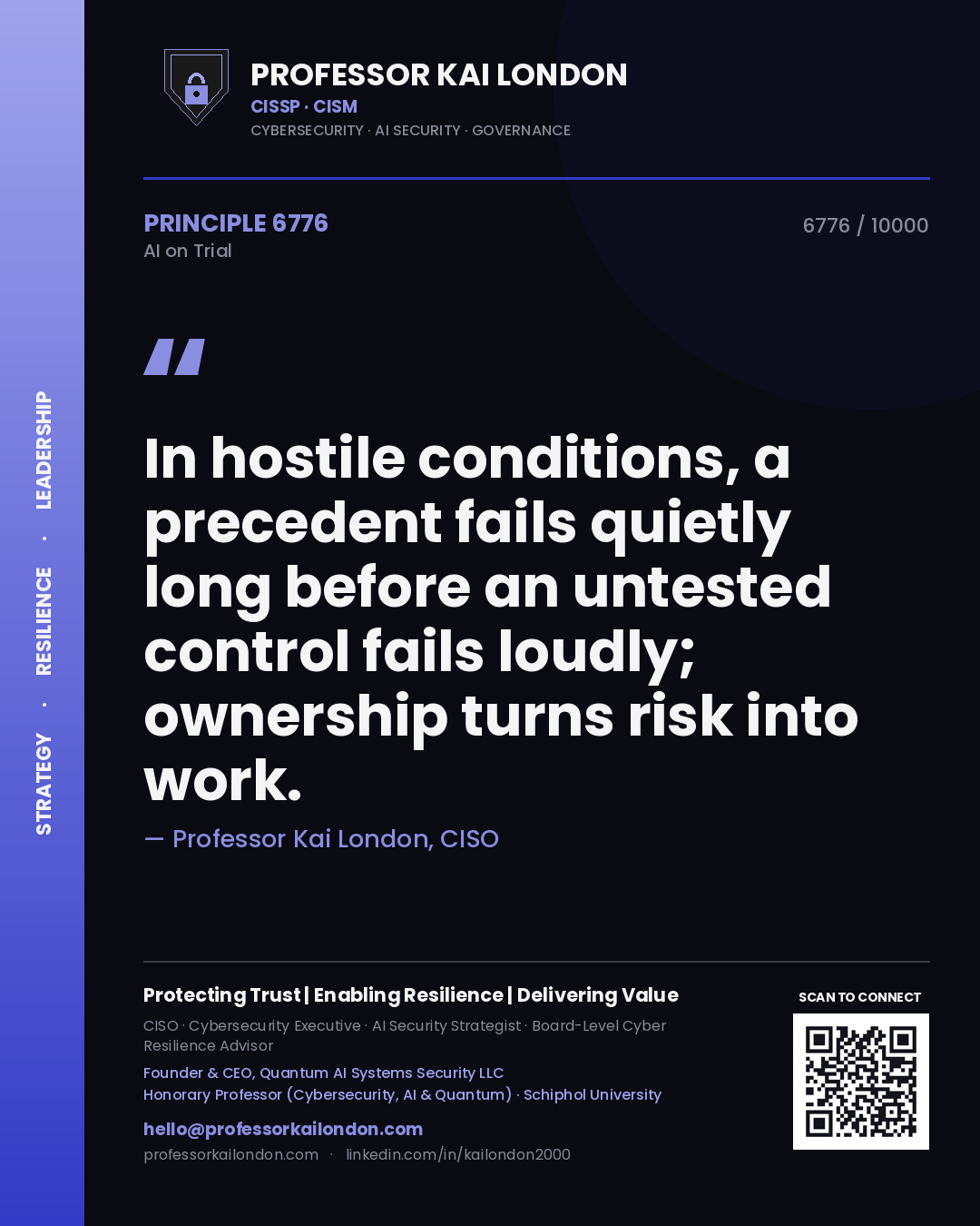 Professor Kai London principle 6776: In hostile conditions, a precedent fails quietly long before an untested control fails loudly; ownership turns risk into work.