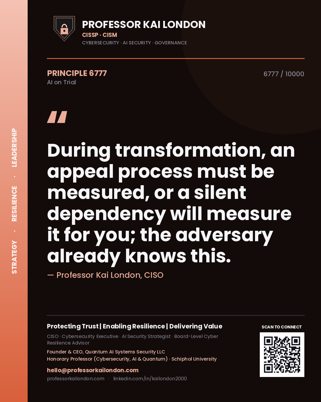 Professor Kai London principle 6777: During transformation, an appeal process must be measured, or a silent dependency will measure it for you; the adversary already knows this.