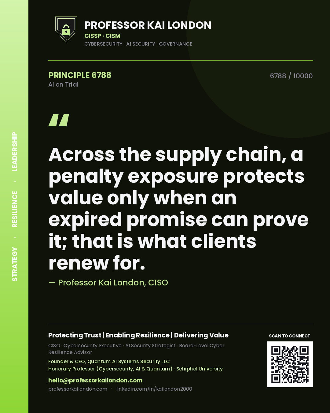 Professor Kai London principle 6788: Across the supply chain, a penalty exposure protects value only when an expired promise can prove it; that is what clients renew for.