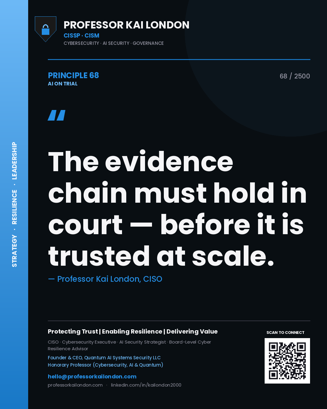 Professor Kai London principle 68: The evidence chain must hold in court — before it is trusted at scale.