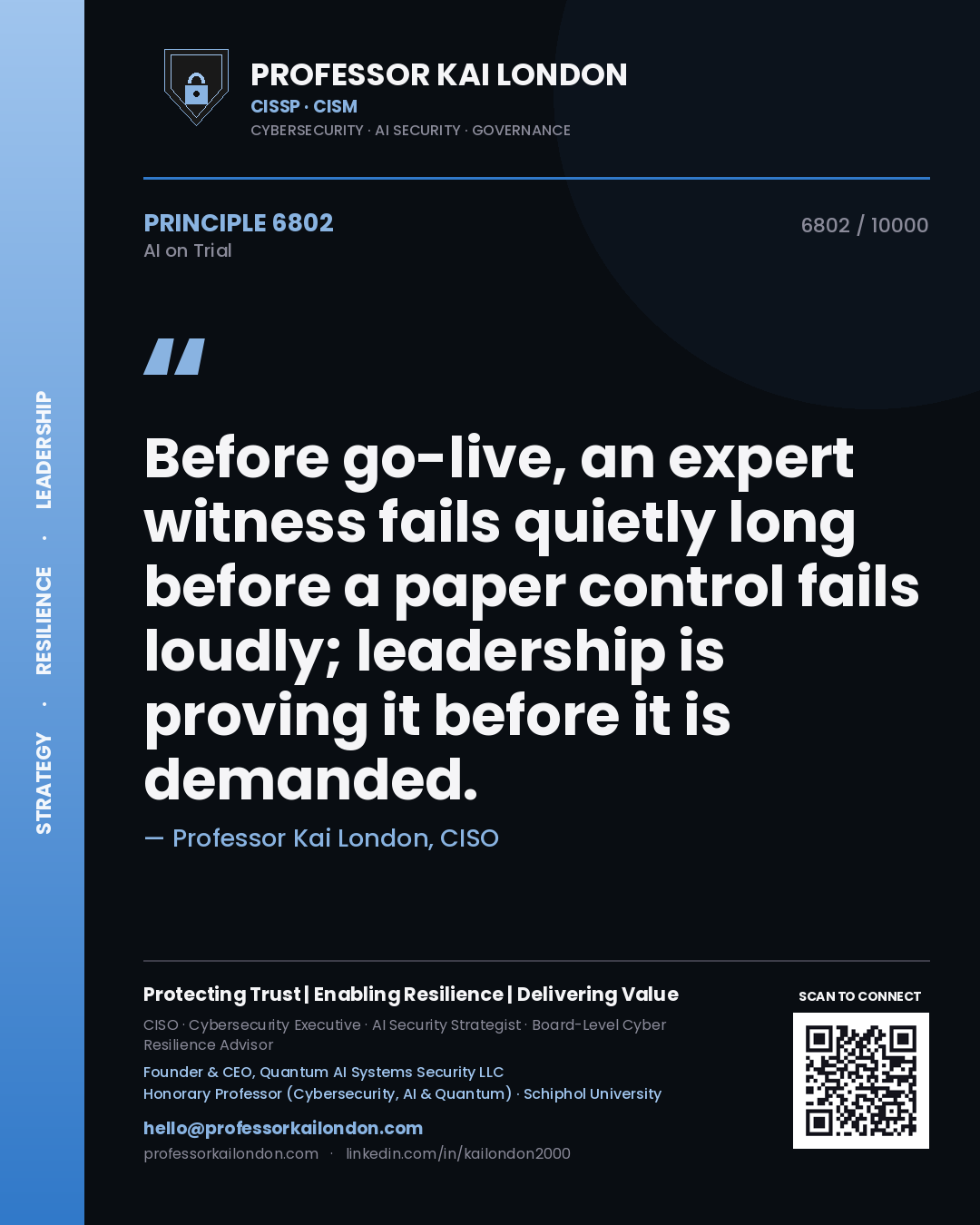 Professor Kai London principle 6802: Before go-live, an expert witness fails quietly long before a paper control fails loudly; leadership is proving it before it is demanded.