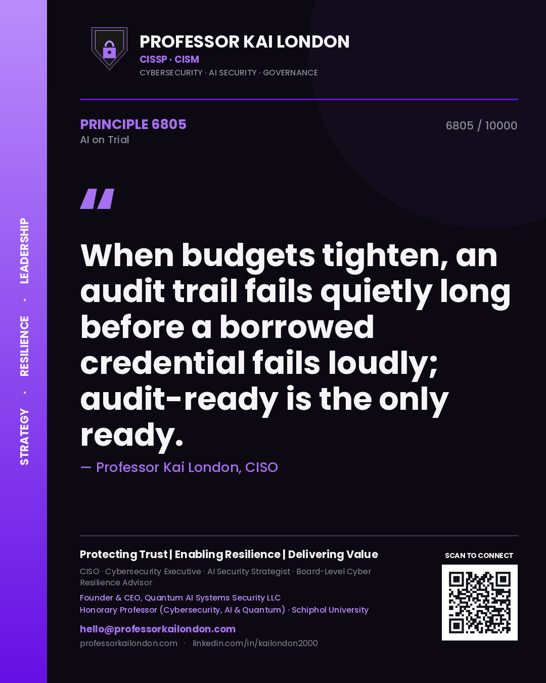 Professor Kai London principle 6805: When budgets tighten, an audit trail fails quietly long before a borrowed credential fails loudly; audit-ready is the only ready.