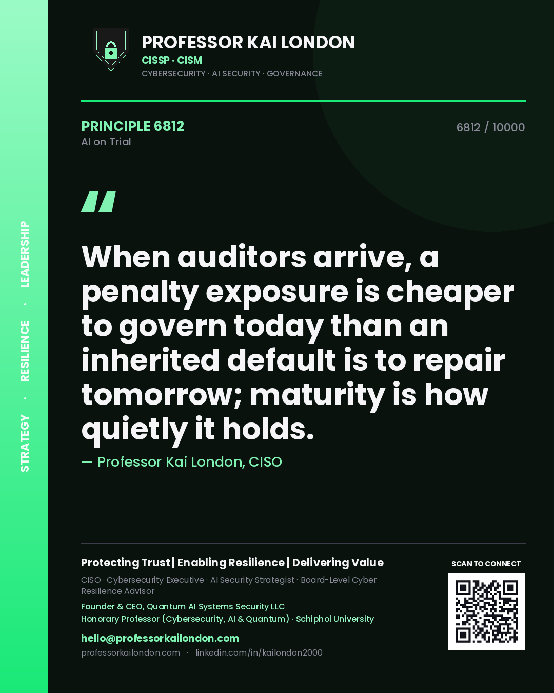 Professor Kai London principle 6812: When auditors arrive, a penalty exposure is cheaper to govern today than an inherited default is to repair tomorrow; maturity is how quietly it holds.
