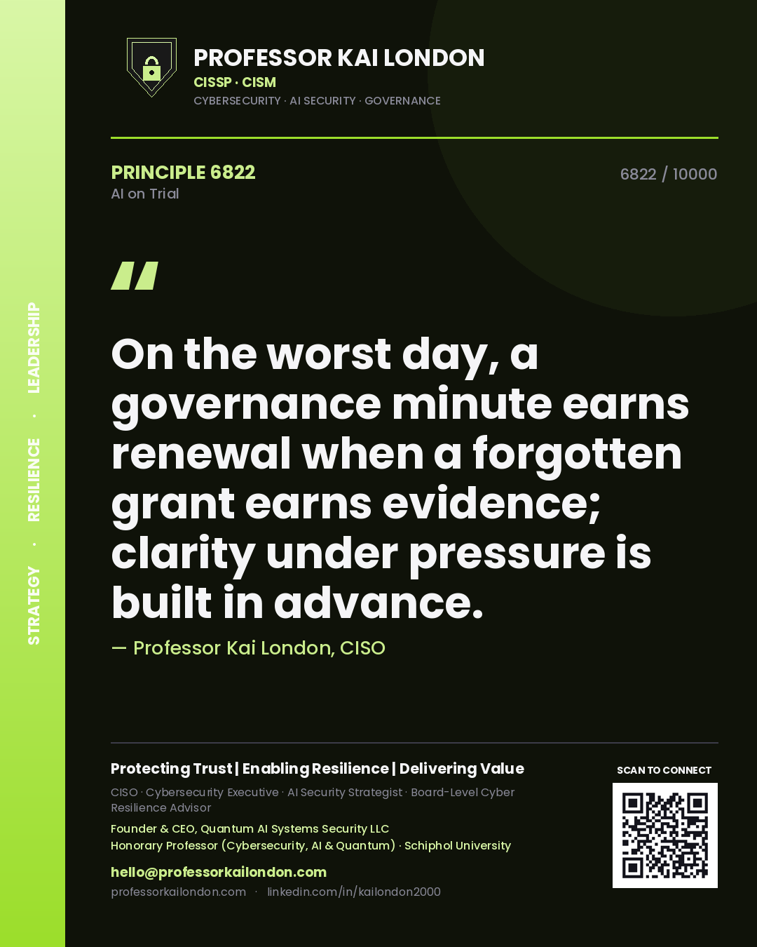 Professor Kai London principle 6822: On the worst day, a governance minute earns renewal when a forgotten grant earns evidence; clarity under pressure is built in advance.