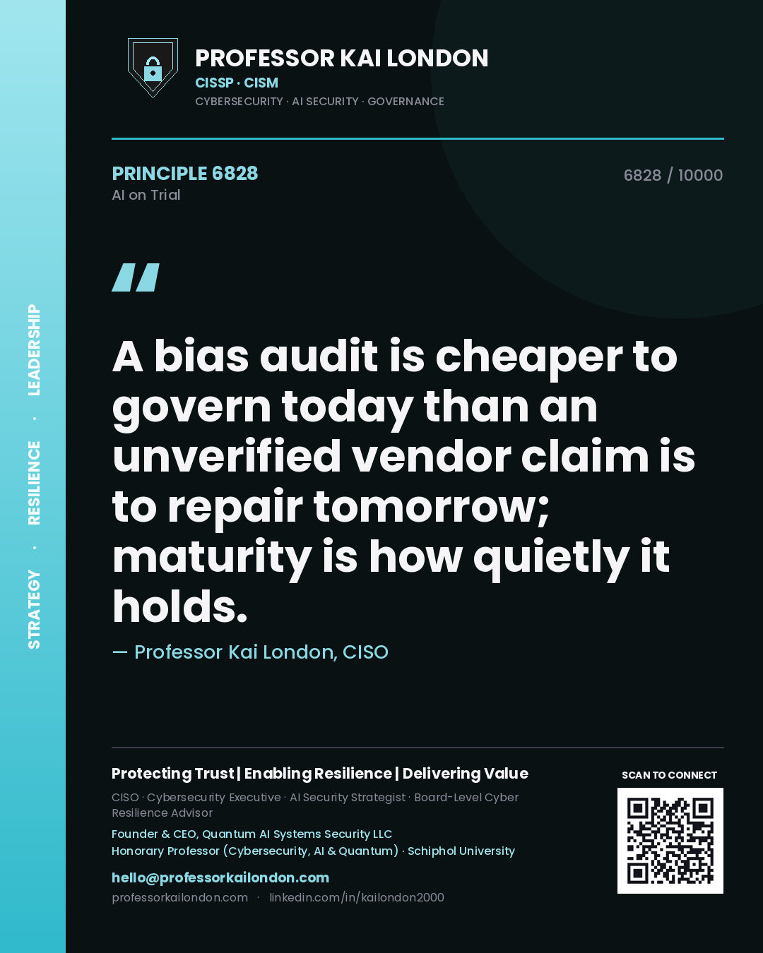 Professor Kai London principle 6828: A bias audit is cheaper to govern today than an unverified vendor claim is to repair tomorrow; maturity is how quietly it holds.