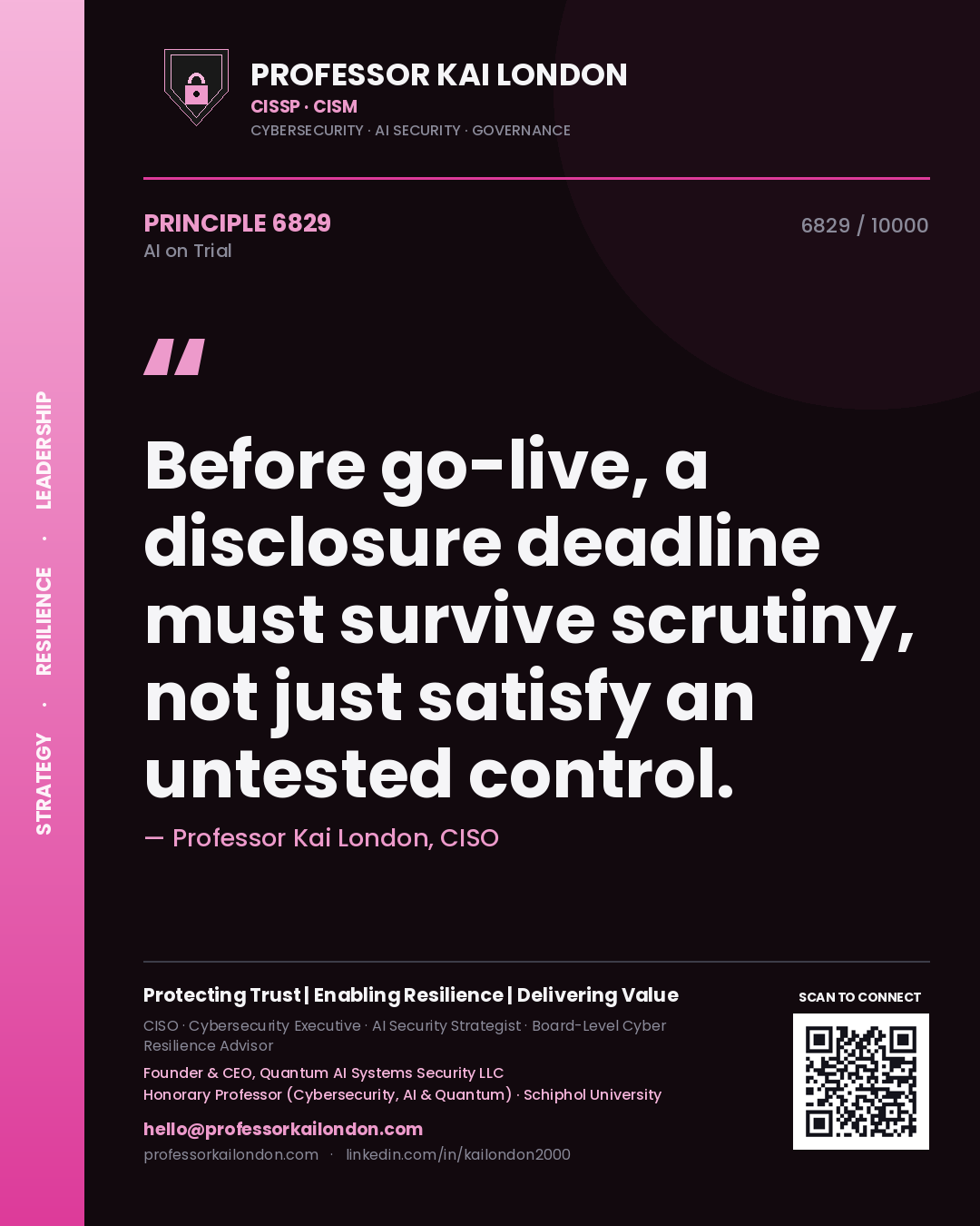 Professor Kai London principle 6829: Before go-live, a disclosure deadline must survive scrutiny, not just satisfy an untested control.