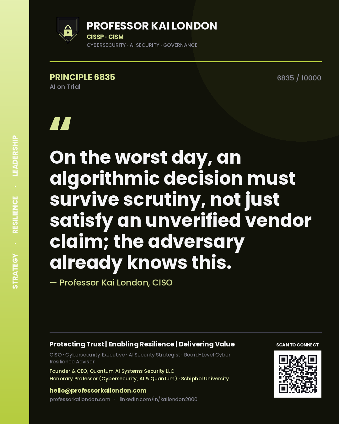 Professor Kai London principle 6835: On the worst day, an algorithmic decision must survive scrutiny, not just satisfy an unverified vendor claim; the adversary already knows this.