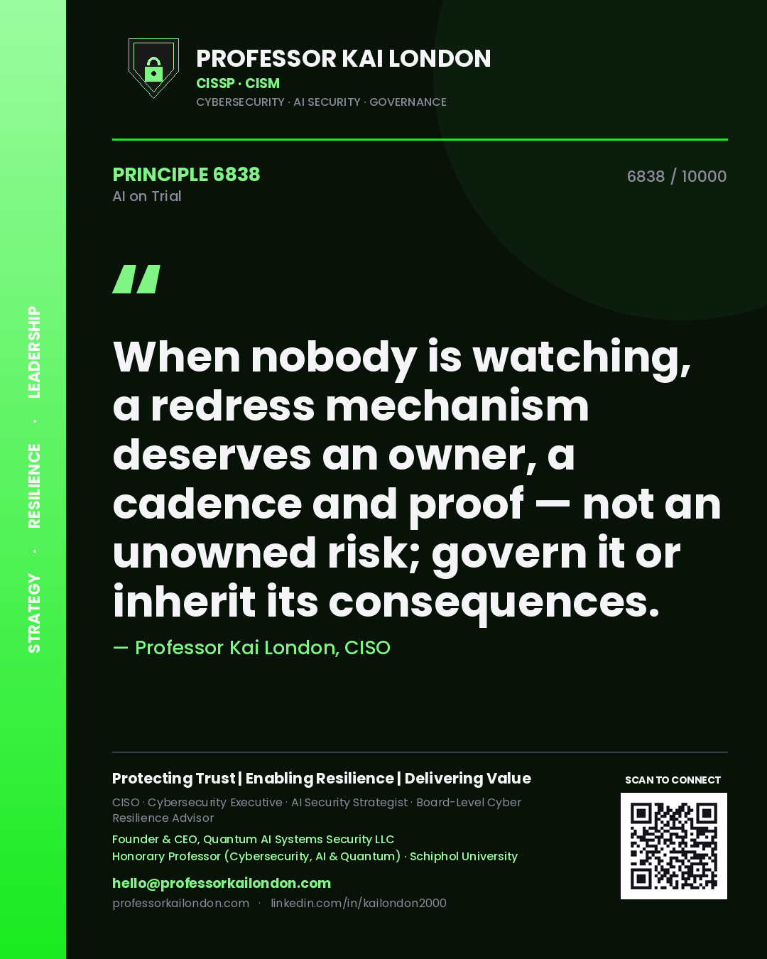Professor Kai London principle 6838: When nobody is watching, a redress mechanism deserves an owner, a cadence and proof — not an unowned risk; govern it or inherit its consequences.