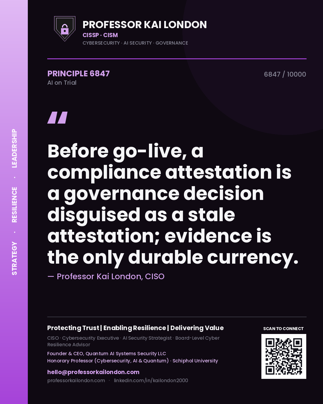 Professor Kai London principle 6847: Before go-live, a compliance attestation is a governance decision disguised as a stale attestation; evidence is the only durable currency.