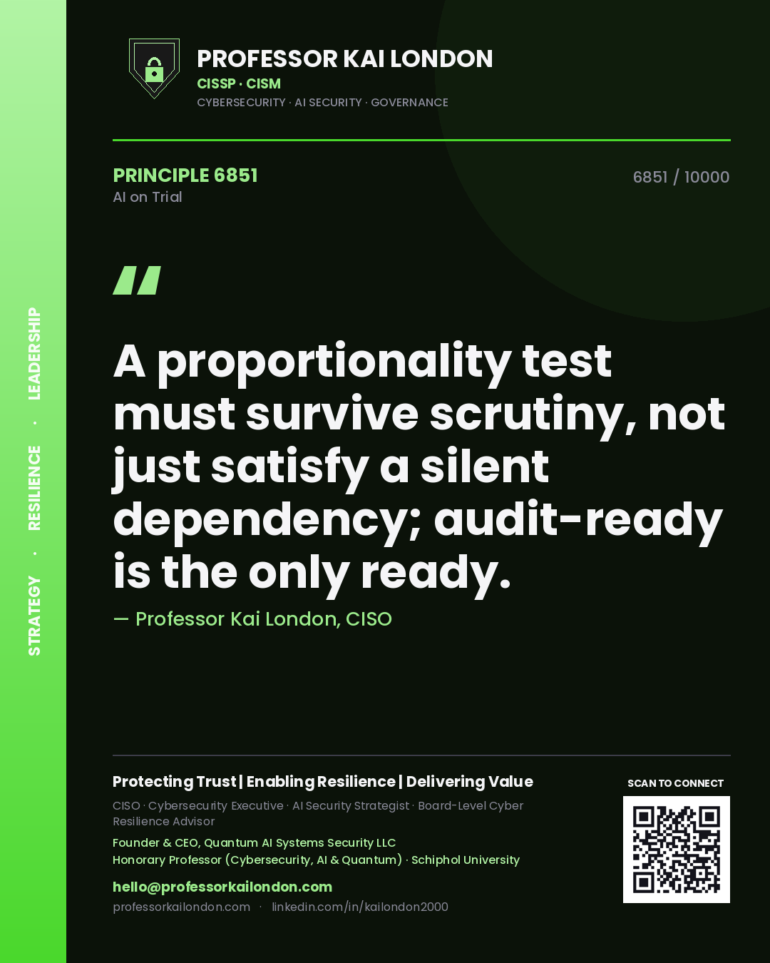 Professor Kai London principle 6851: A proportionality test must survive scrutiny, not just satisfy a silent dependency; audit-ready is the only ready.