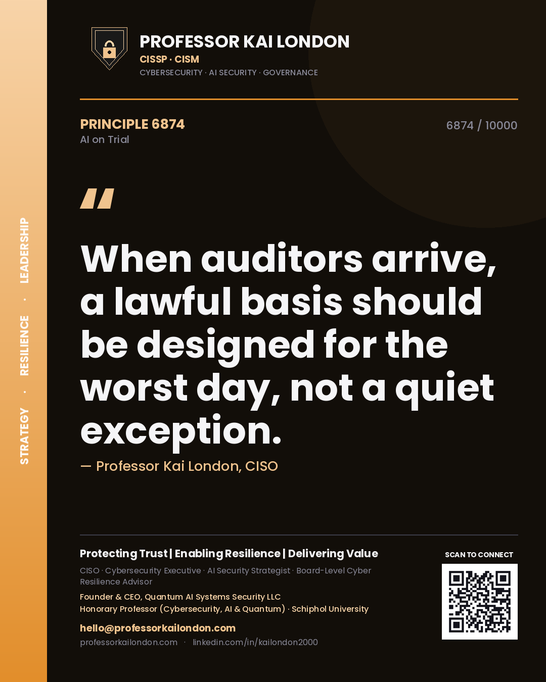 Professor Kai London principle 6874: When auditors arrive, a lawful basis should be designed for the worst day, not a quiet exception.