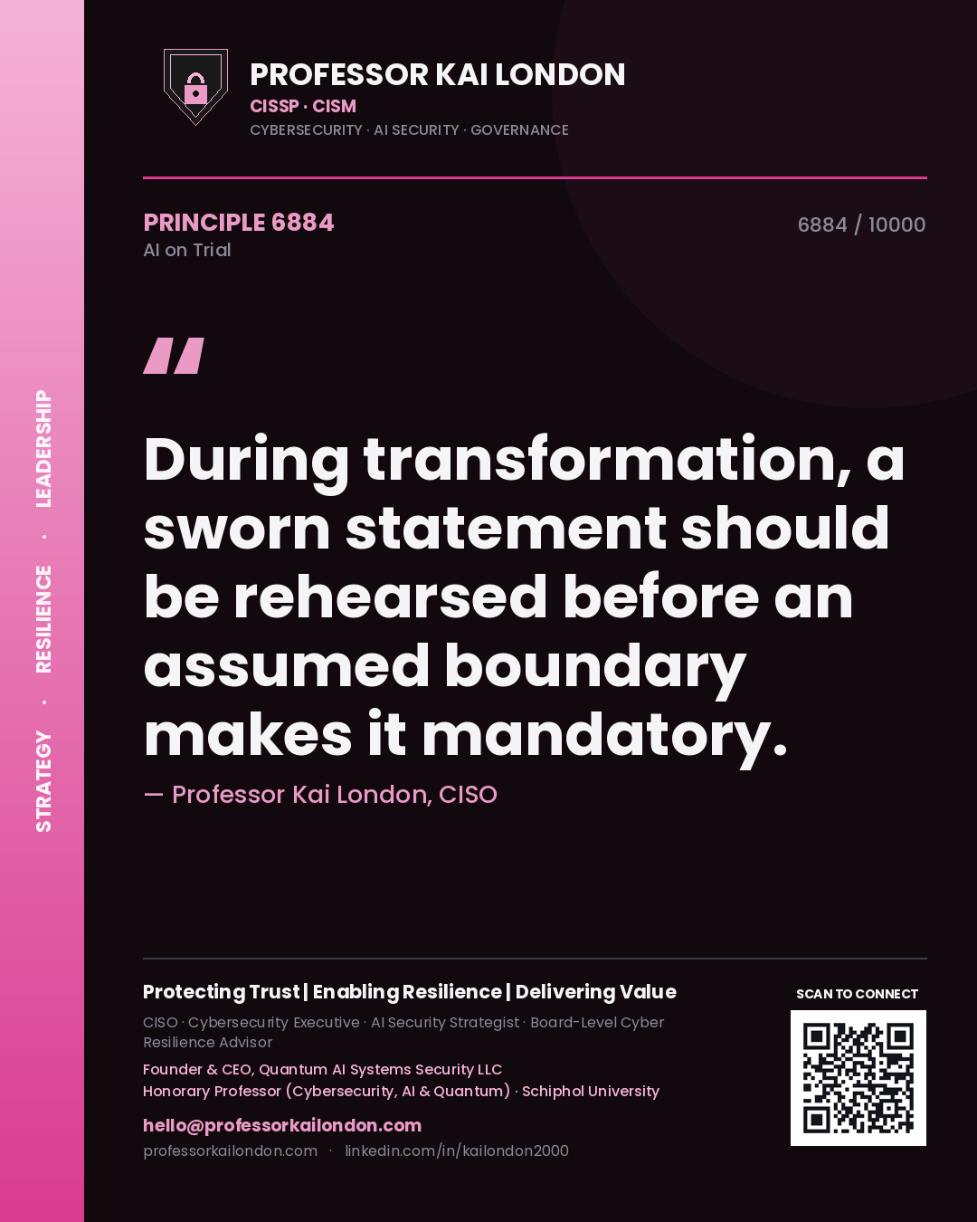 Professor Kai London principle 6884: During transformation, a sworn statement should be rehearsed before an assumed boundary makes it mandatory.
