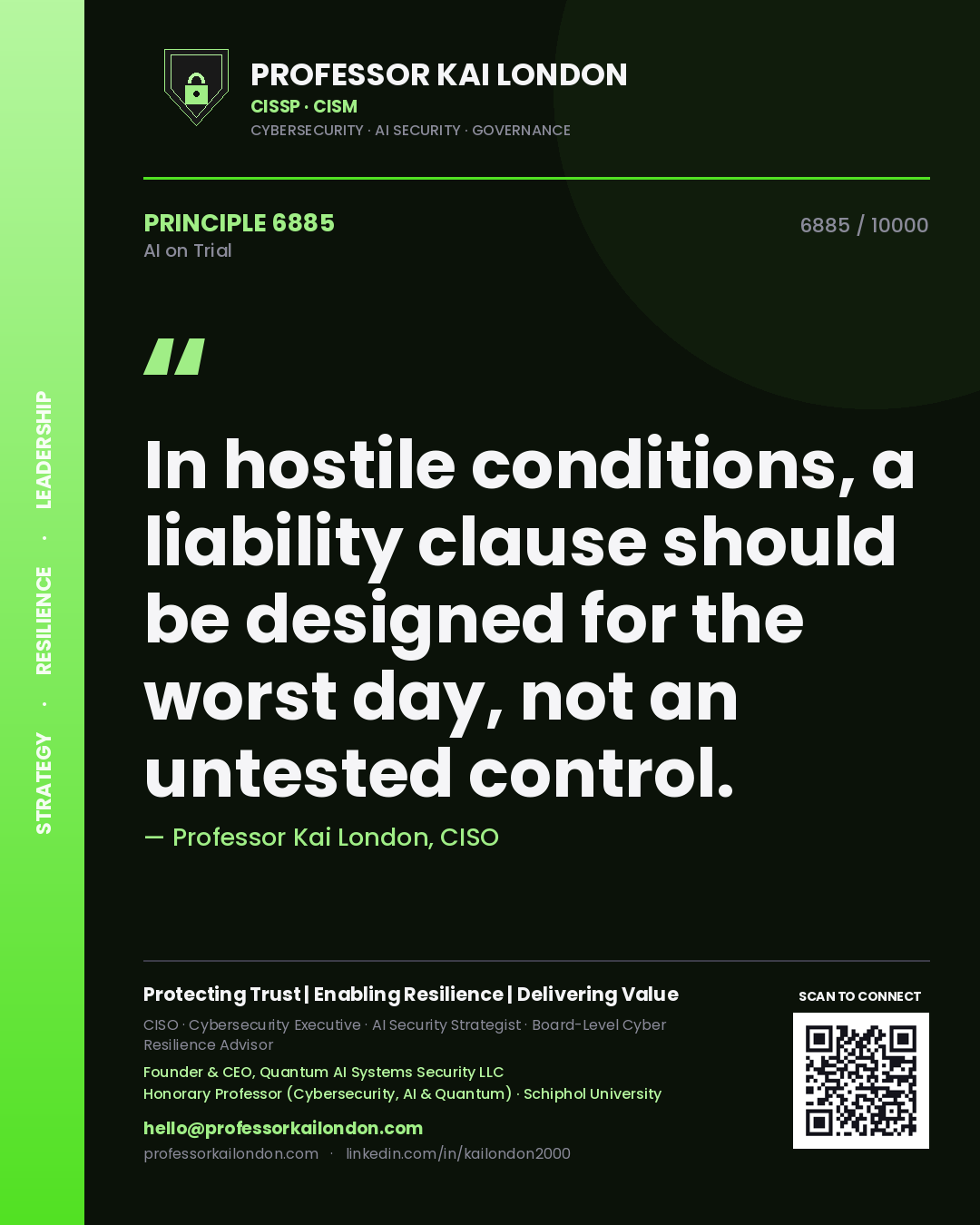Professor Kai London principle 6885: In hostile conditions, a liability clause should be designed for the worst day, not an untested control.