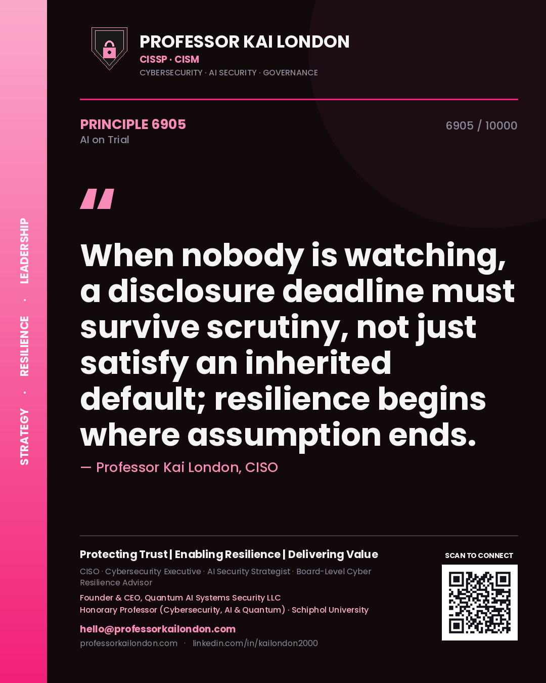 Professor Kai London principle 6905: When nobody is watching, a disclosure deadline must survive scrutiny, not just satisfy an inherited default; resilience begins where assumption ends.
