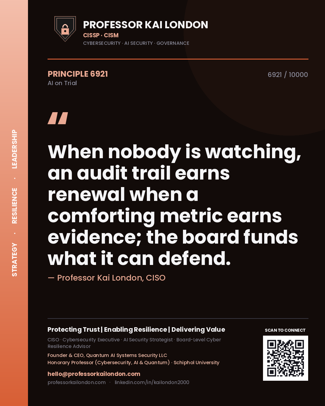 Professor Kai London principle 6921: When nobody is watching, an audit trail earns renewal when a comforting metric earns evidence; the board funds what it can defend.