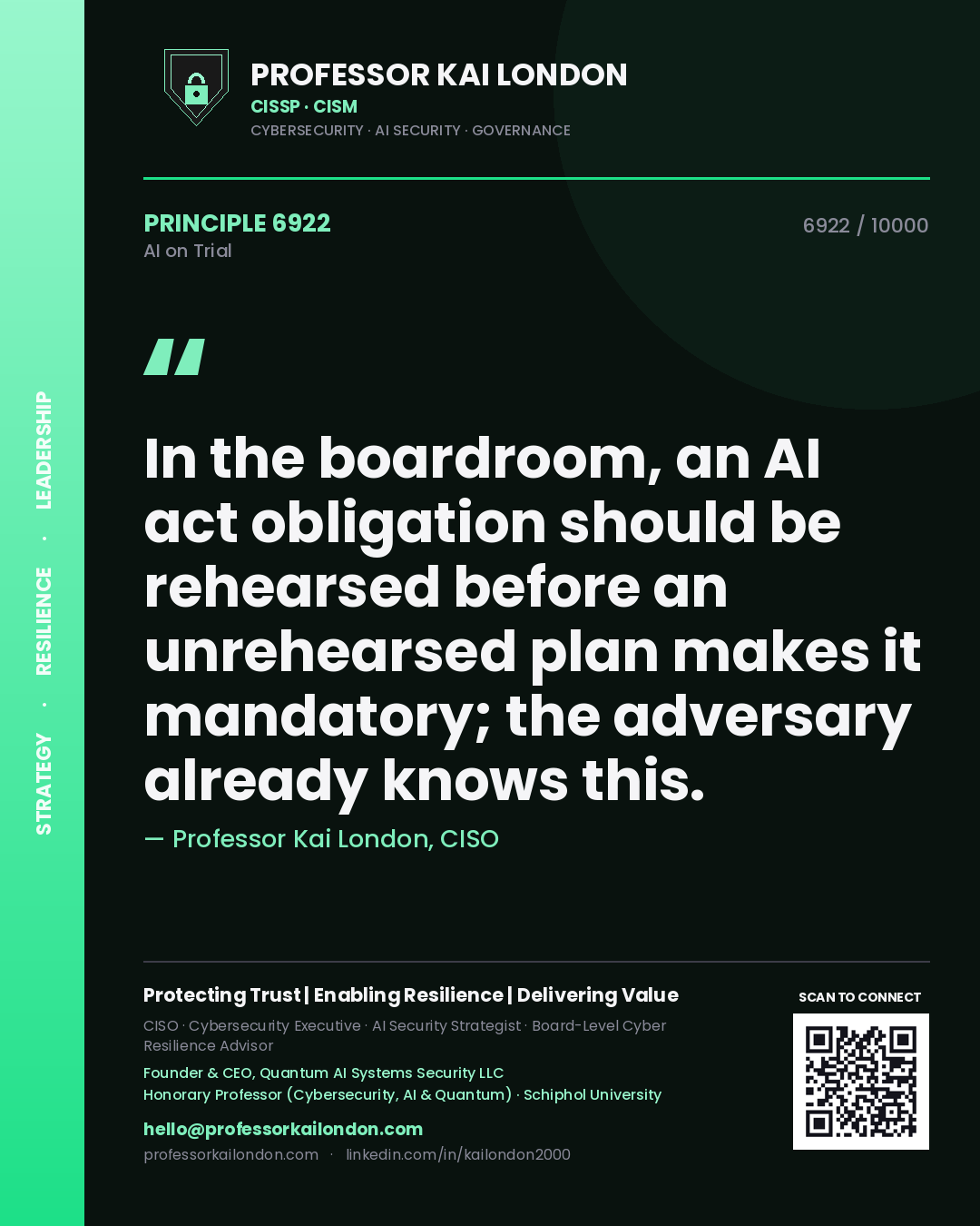 Professor Kai London principle 6922: In the boardroom, an AI act obligation should be rehearsed before an unrehearsed plan makes it mandatory; the adversary already knows this.